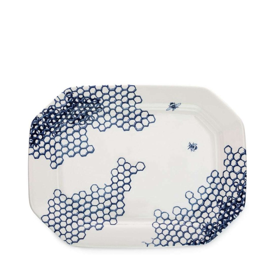 Collections * | Deals Burleigh Pottery Ink Blue Pollen Rectangular Platter 34Cm