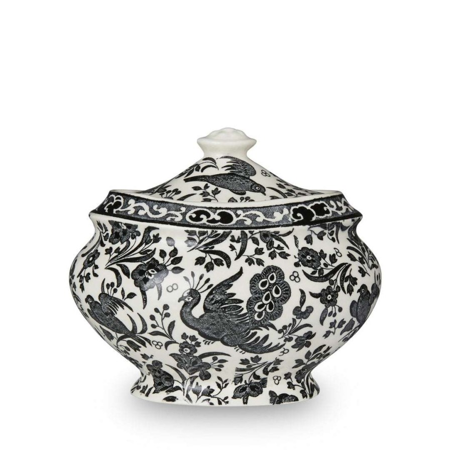 Collections * | Outlet Burleigh Pottery Black Regal Peacock Jam Pot / Covered Sugar Pot 480G/ 1Lb Tableware