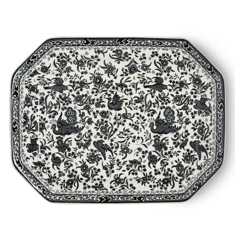 Collections * | Hot Sale Burleigh Pottery Black Regal Peacock Rectangular Platter 34Cm/13.5