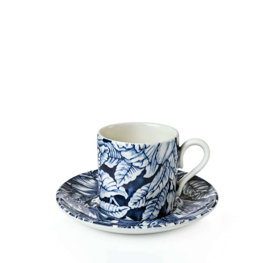 Collections * | Brand New Burleigh Pottery Ink Blue Hibiscus Coffee Can And Saucer